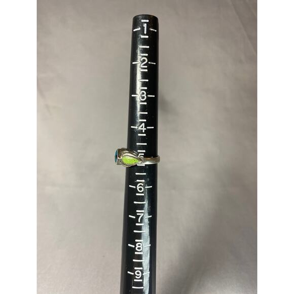 Vintage 925 Square Blue Topaz & Green Inlay Turquoise Ring  Size 5 - Picture 6 of 8